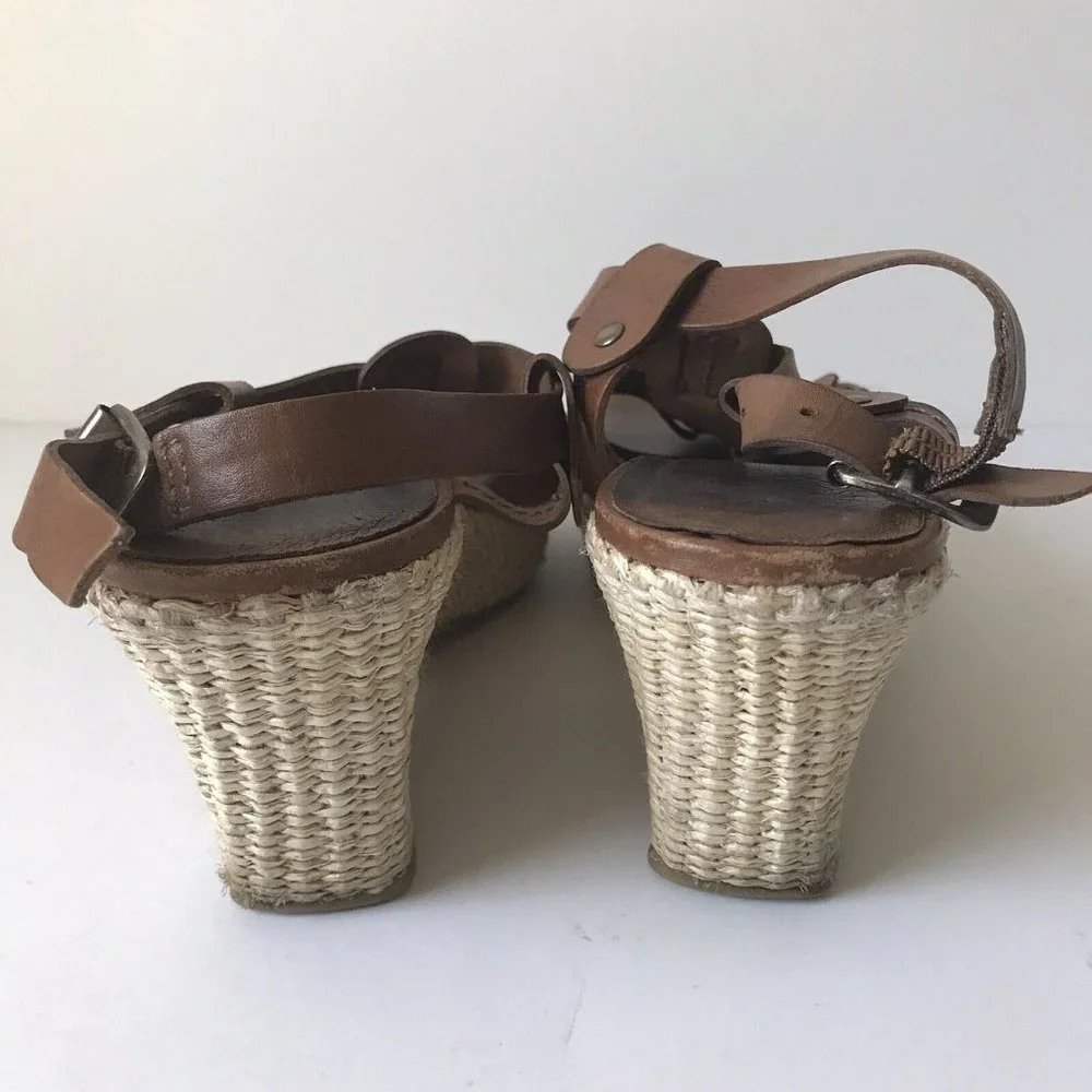 Adelia Brown Leather Espadrille Wedge Sandals Studded Strappy Platform‎ 8.5M